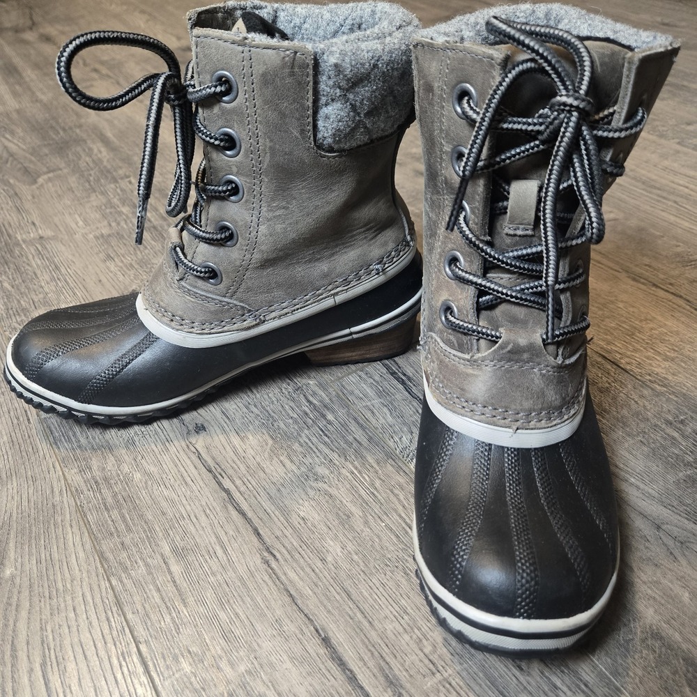Sorel Slimpack II Boots Women 6 Gray Black Nubuck Fleece Lined Waterproof Duck